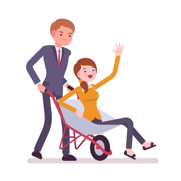 Чоловік штовхає пані в інвалідному візку — стоковий вектор