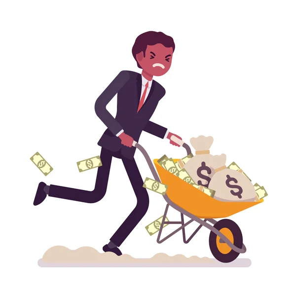 Businessman pushing a wheelbarrow full of money — Stock Vector