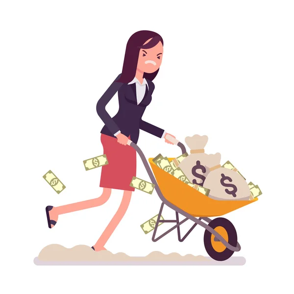 Femme d'affaires poussant une brouette pleine d'argent — Image vectorielle