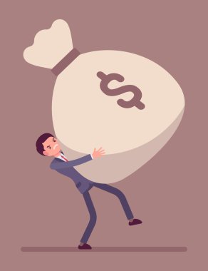 Bir dev para çuval sürükleyerek işadamı