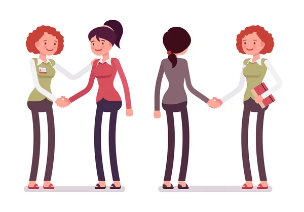 Set of female characters in a casual wear handshaking — Stock Vector