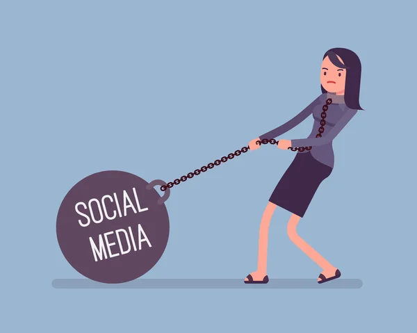 Businesswoman dragging a weight Social Media on chain — Stockový vektor