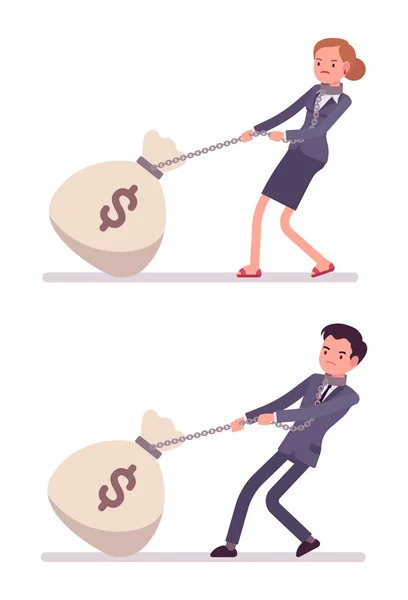 Set of businessman and businesswoman dragging a giant money sack on chain — Stockový vektor