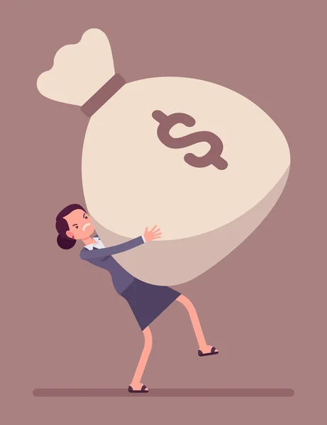 Femme d'affaires traînant un sac d'argent géant — Image vectorielle