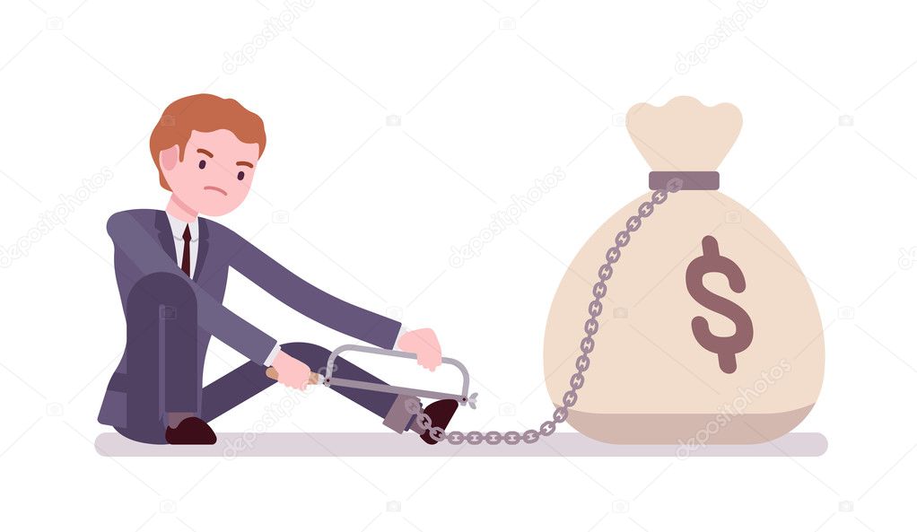 Businessman chained with a money sack