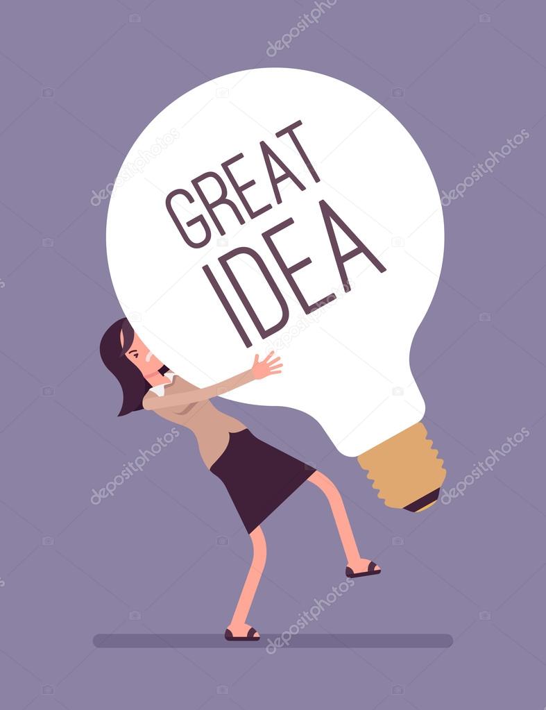 Woman dragging a giant light bulb, Great Idea