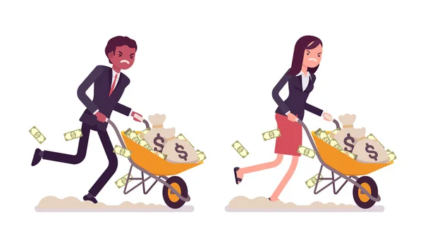 Business people pushing wheelbarrow full of money — Διανυσματικό Αρχείο