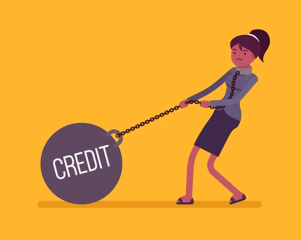 Businesswoman dragging a weight Credit on chain — Διανυσματικό Αρχείο