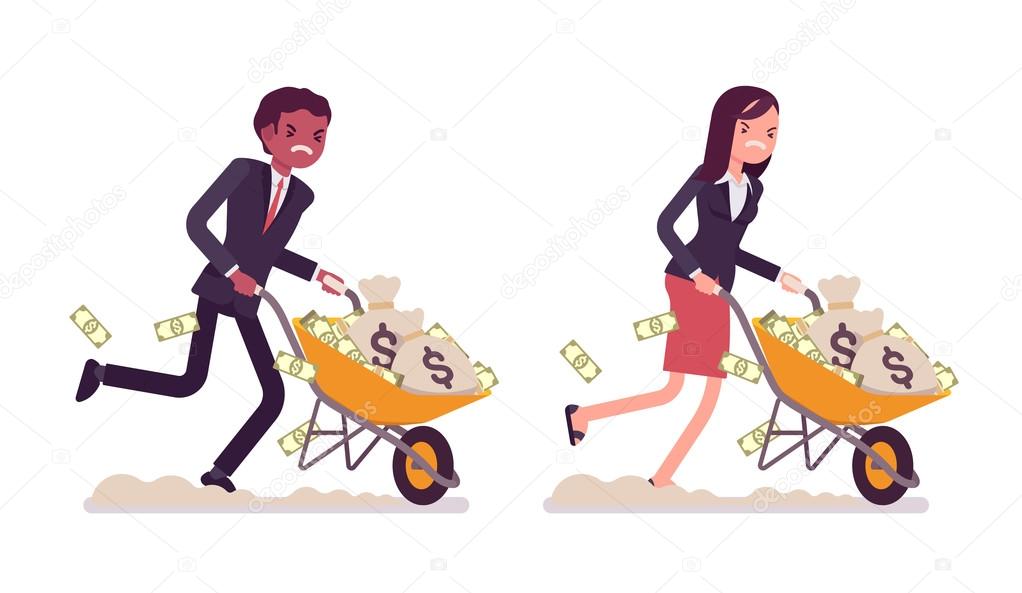 Business people pushing wheelbarrow full of money