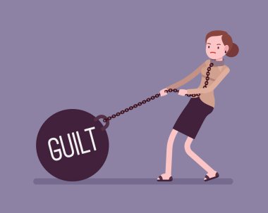 Businesswoman dragging a weight Guilt on chain clipart