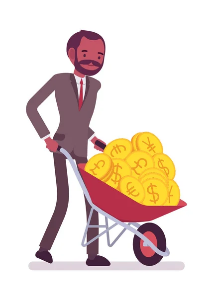 Businessman pushing a wheelbarrow full of golden coins — Stock Vector