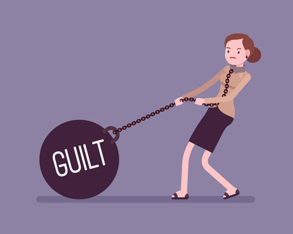 Businesswoman dragging a weight Guilt on chain