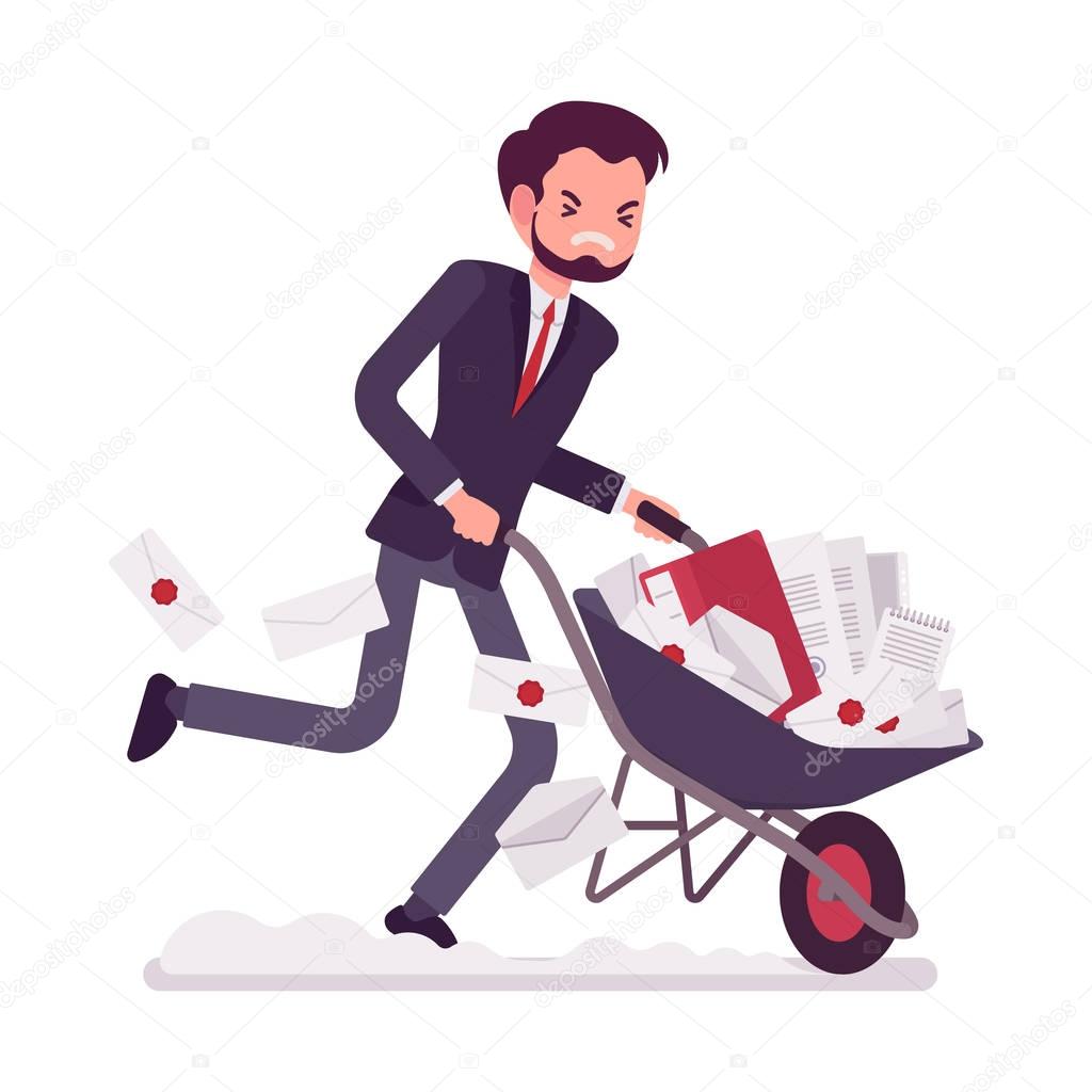 Businessman pushing a wheelbarrow full of paper