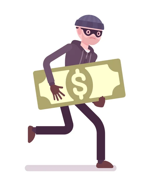 Thief in a black mask stole money and is running away — Stock Vector