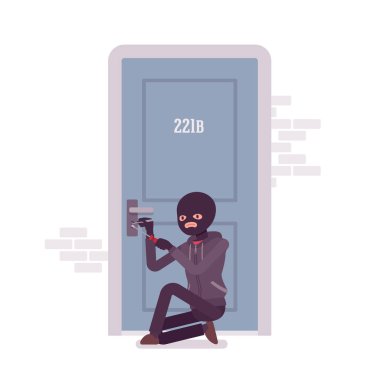 Thief ineffectually lockpicking the door clipart