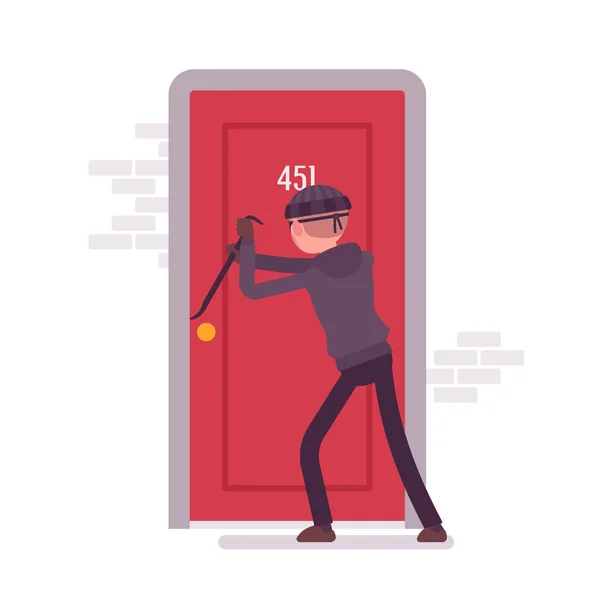 Thief breaking the door with a crowbar — Stock Vector