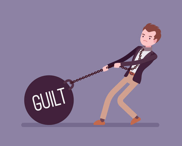 Businessman dragging a weight Guilt on chain