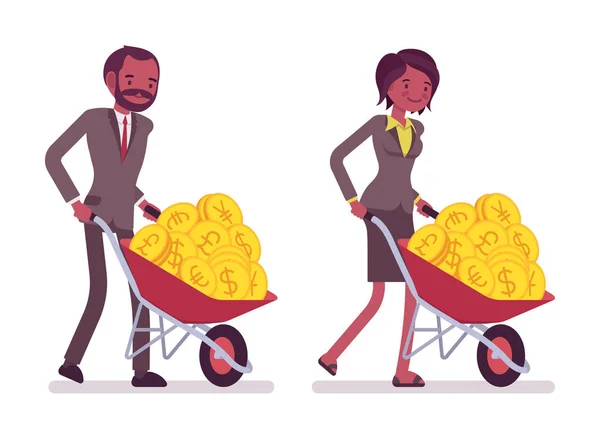 Set of office workers pushing a wheelbarrow with golden coins — Stock Vector