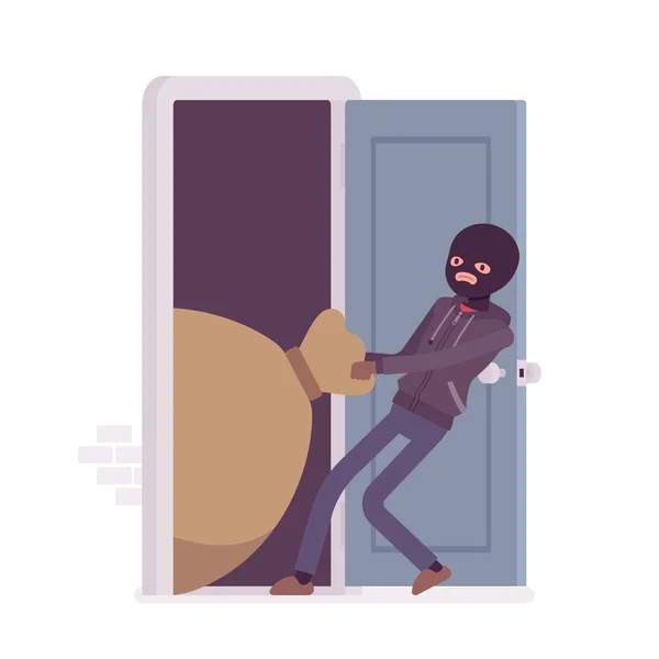 Thief dragging loot through the door — Stock Vector