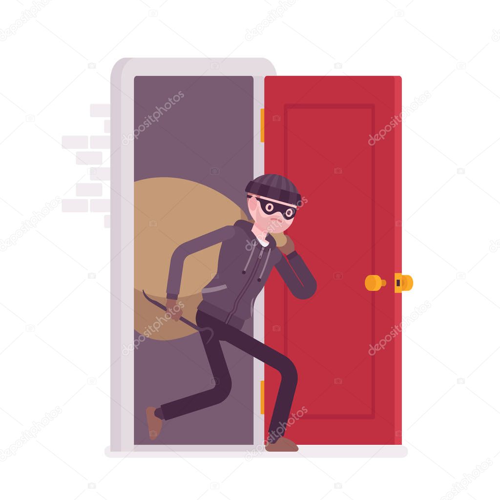 Thief carring loot through the door