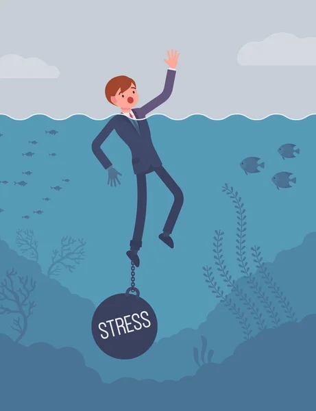 Zakenman verdrinking geketende met een gewicht van Stress — Stockvector