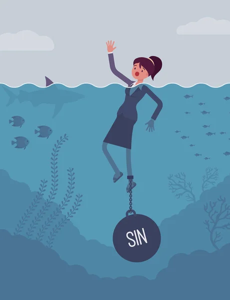 Kobieta interesu utonięcia łańcuchowej o wadze grzechu — Wektor stockowy