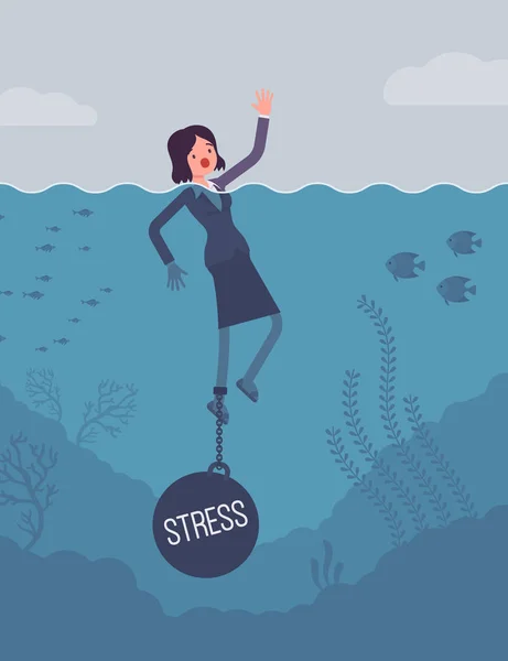 Zakenvrouw verdrinking geketende met een gewicht van Stress — Stockvector
