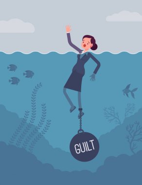 Businesswoman drowning chained with a weight Guilt clipart