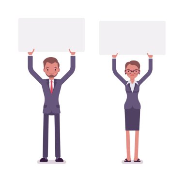 İş adamı ve iş kadını boş beyaz tahtalar, kopya alanı ile
