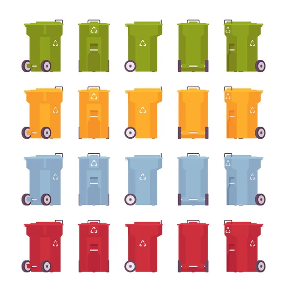 Набір сміттєвих баків на колесах, різних кольорів і позицій — стоковий вектор