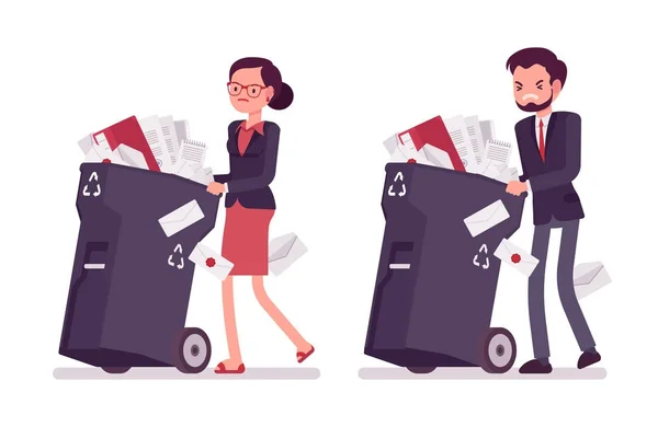 Empresário e empresária empurrando caixotes de lixo com documentos — Vetor de Stock