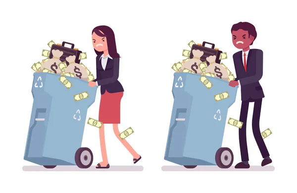 Young businessman and businesswoman pushing wheeled trash bins with money — Stock Vector