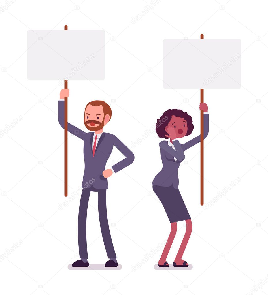 Man and woman holding picket signs, copy space