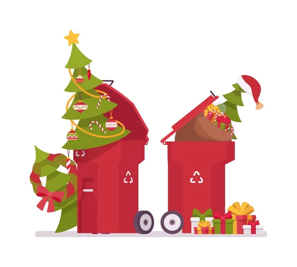 Papeleras con árboles de Navidad, inútiles después de las vacaciones — Vector de stock