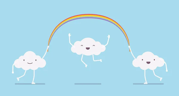 Joyeux nuages mignons sautant une corde longue arc-en-ciel — Image vectorielle