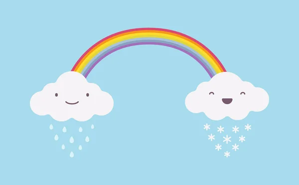 Feliz lindo lluvioso y nevado blanco nubes con un arco iris — Vector de stock