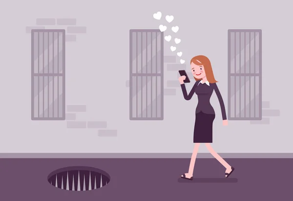 Jeune femme insouciante marchant avec téléphone, fosse pleine de pâles — Image vectorielle