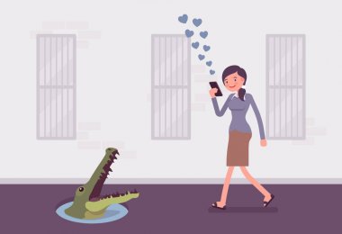 Young carefree woman walking with phone, crocodile in pit clipart