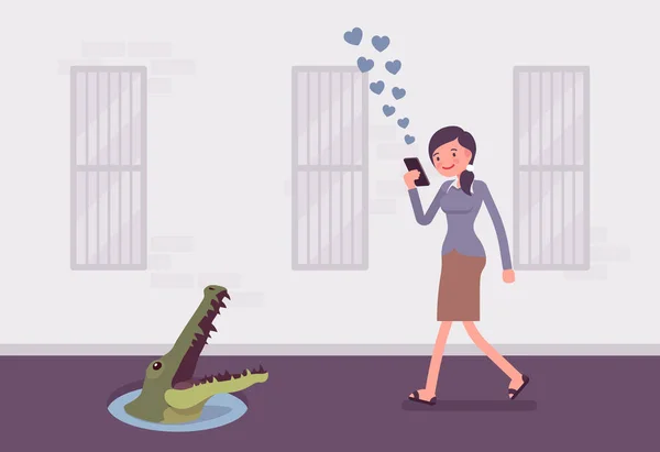 Jeune femme insouciante marchant avec téléphone, crocodile dans la fosse — Image vectorielle