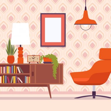 Sandalye, boşaltmak ve mockup için çerçeveler ile Retro iç