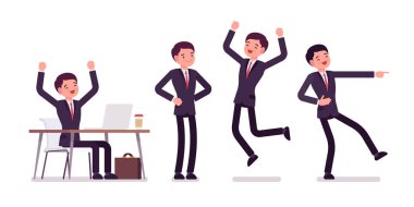 Resmi olarak Genç İşadamları olumlu duygular, farklı pozlar ifade giymek