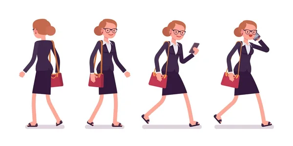 Conjunto de mulher de negócios em poses andando, visão traseira e frontal — Vetor de Stock