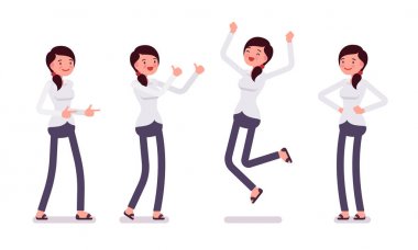 Genç kadın memuru Önden Görünüm pozitif duygular gösterilen kümesi