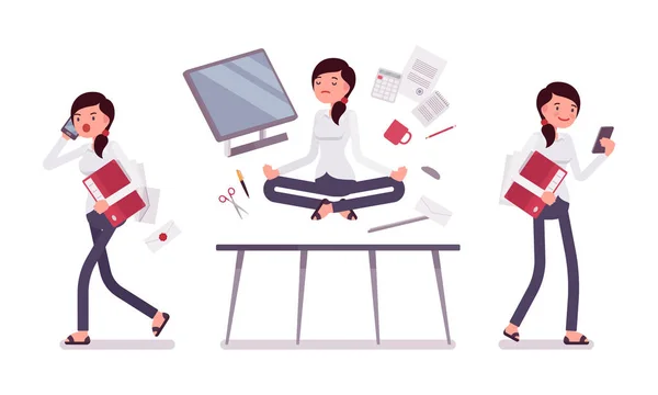 Escena de oficina con empleado femenino ocupado y relajado en yoga — Vector de stock