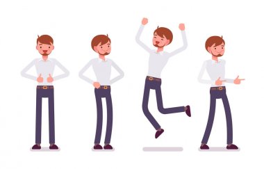 Genç erkek katip olumlu duygular ön görünüm gösterilen kümesi