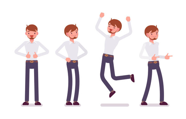 Set of young male clerk showing positive emotions front view