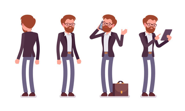Set of male manager in standing poses, rear, front view