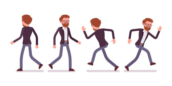 Set of male manager in walking, running poses, rear, front view