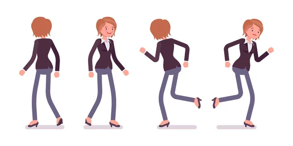 Set of female manager in walking, running poses, rear, front view Royalty Free Stock Vectors