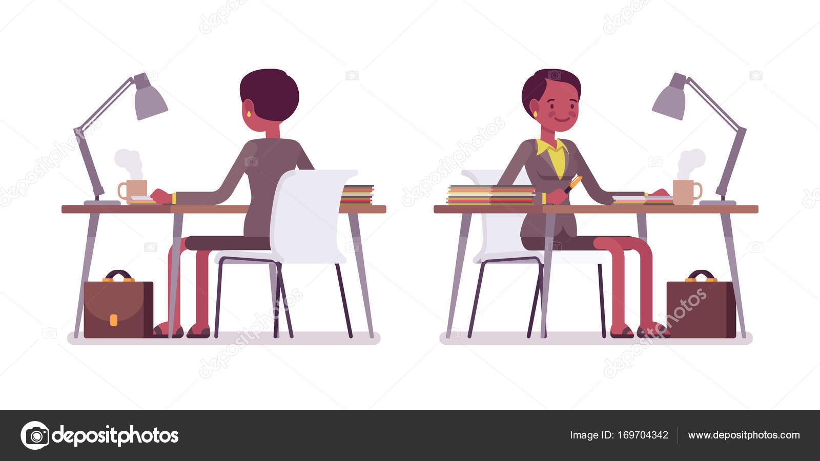 Set Of Female Teacher Working At Desk Rear Front View Stock
